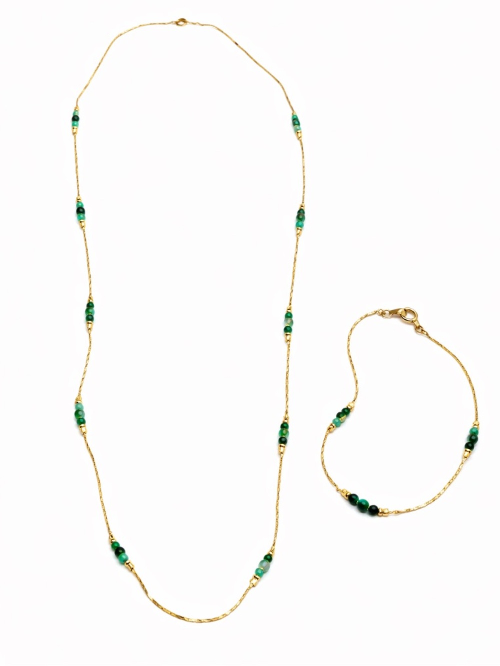 Vintage Gold Tone Green Beaded Necklace Bracelet Set Y2K Dainty Jewelry